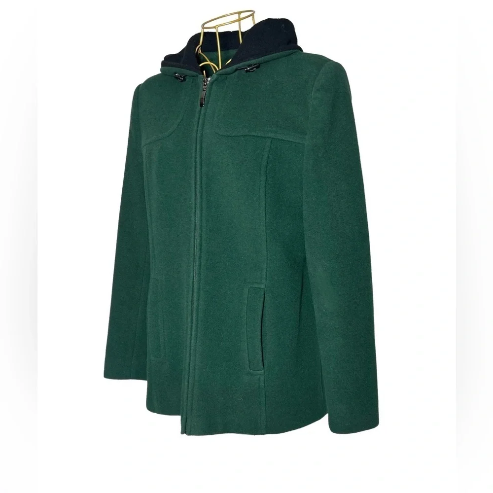 Preston & York Wool Coat in Rich Green with Pockets, Full Zip, & Hood, Small - Picture 2 of 15